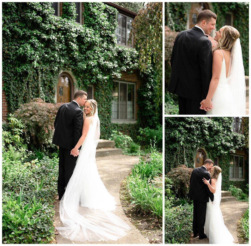 bride and groom portraits in front of ivy house. 