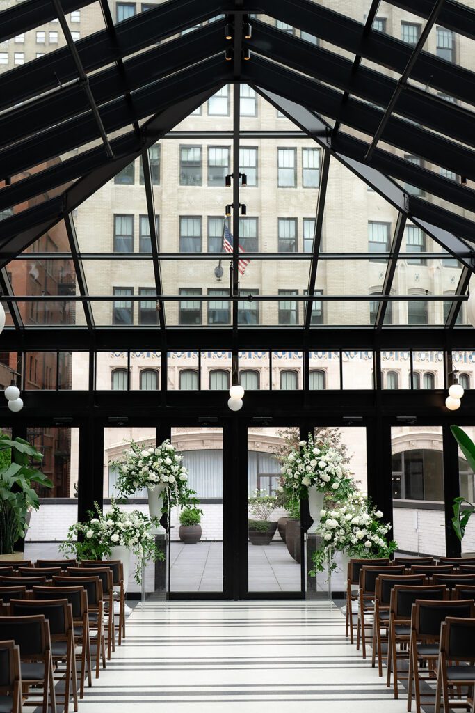 Classic indoor Shinola Hotel wedding ceremony in The Birdy Room