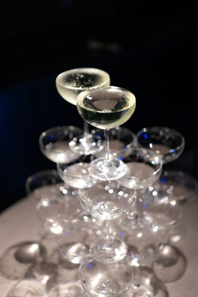 Elegant champagne tower from a Shinola Hotel wedding in Detroit, Michigan
