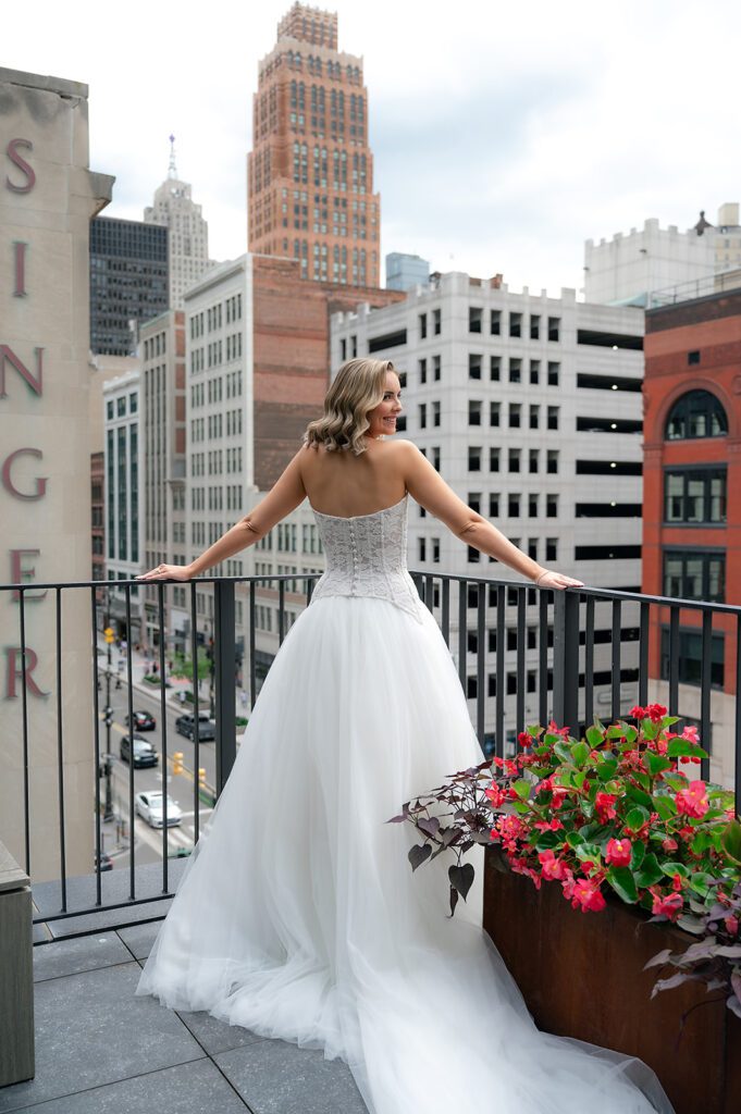 Balcony bridal portraits from a Shinola Hotel wedding in Detroit. Michigan