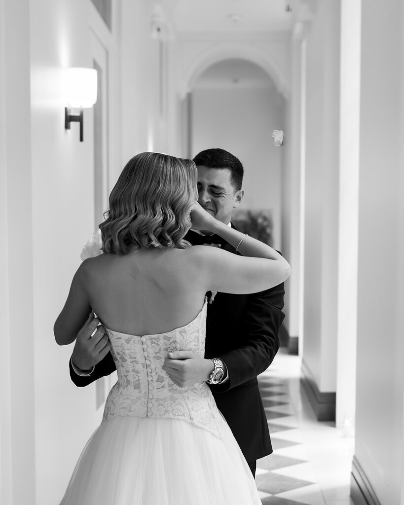 Bride and groom getting emotional during their first looks