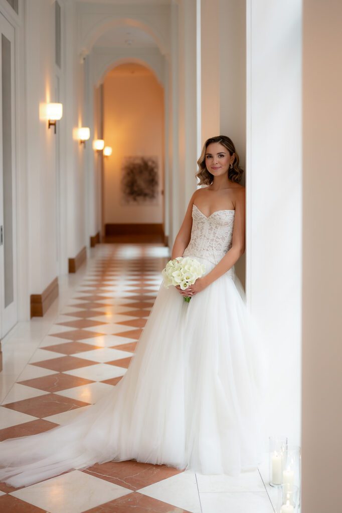 Indoor bridal portraits in the hallways from a Shinola Hotel wedding in Detroit, Michigan