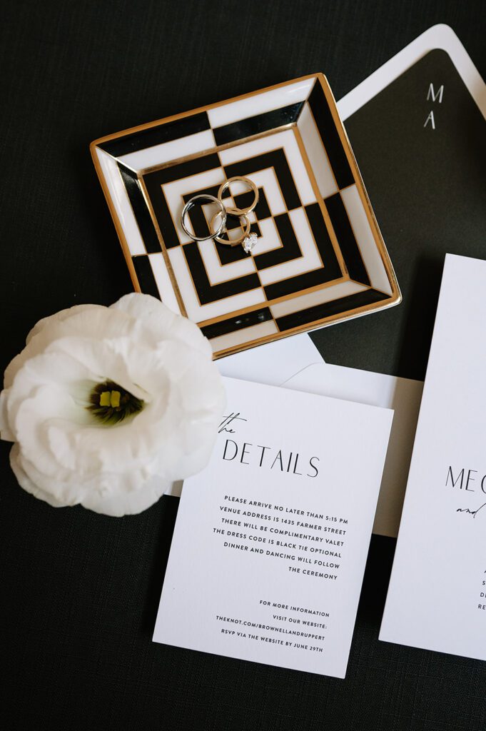 Wedding detail flatlay shot from a Shinola Hotel wedding in Detroit, Michigan
