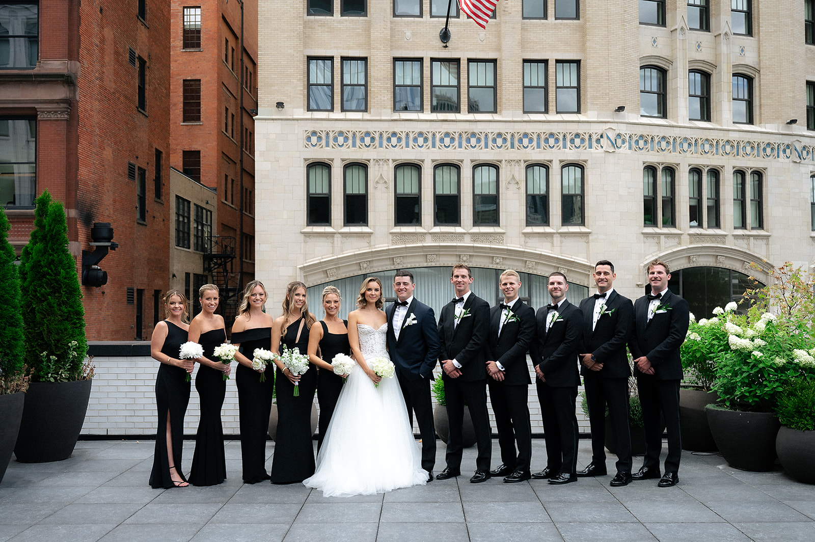 Rooftop wedding party portraits from a Shinola Hotel wedding in Detroit, Michigan
