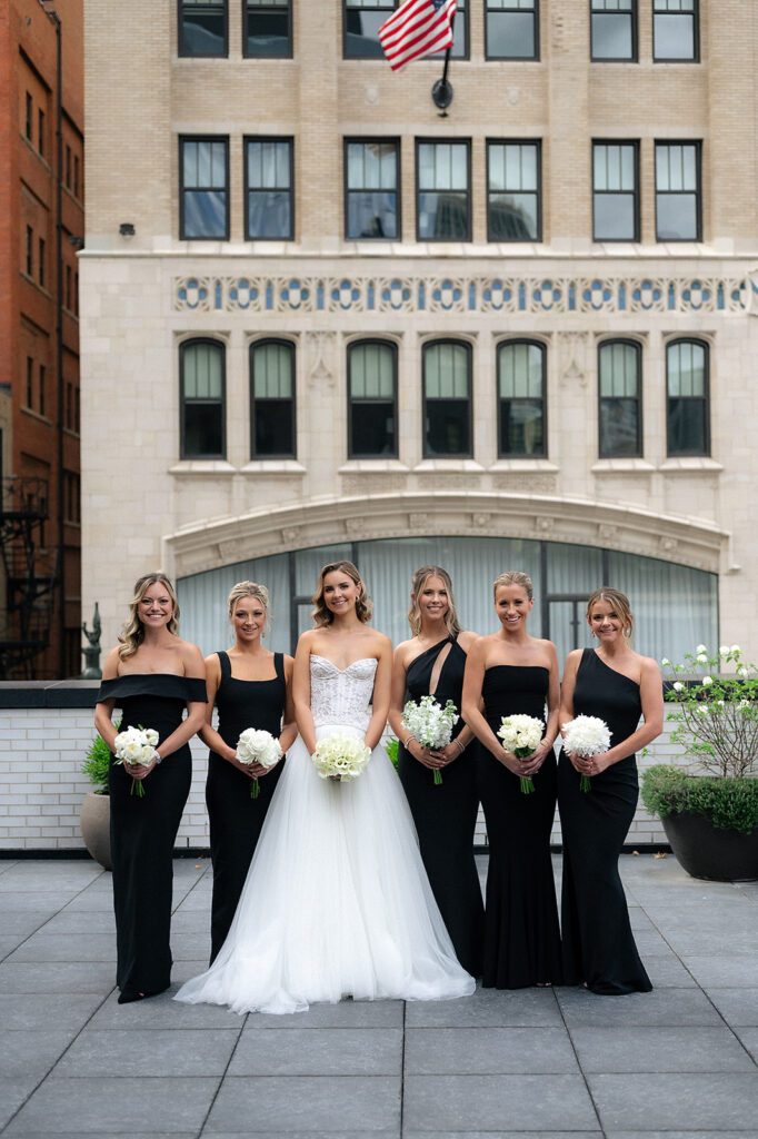 Rooftop bride and bridesmaids portraits from a Shinola Hotel wedding in Detroit, Michigan