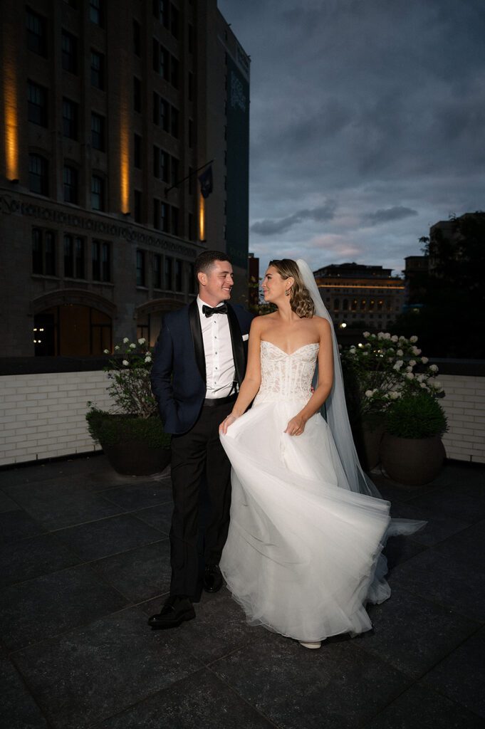 Rooftop bride and groom portraits from a Shinola Hotel wedding in Detroit. Michigan