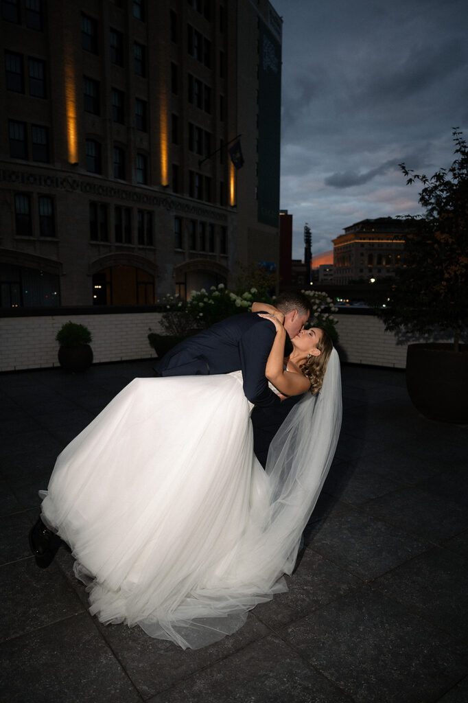 Rooftop bride and groom portraits from a Shinola Hotel wedding in Detroit. Michigan