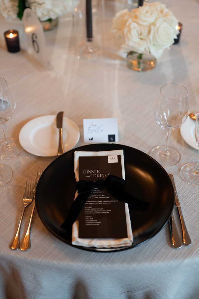 Classic black and white wedding reception tablescapes and decor