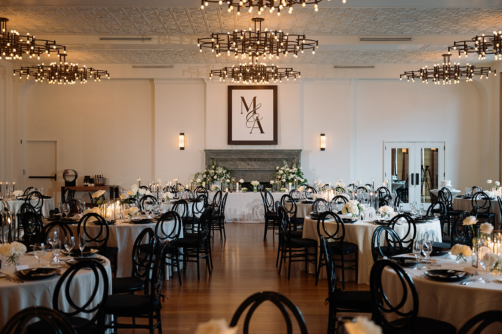 Indoor Shinola Hotel wedding reception in Bixby Hall