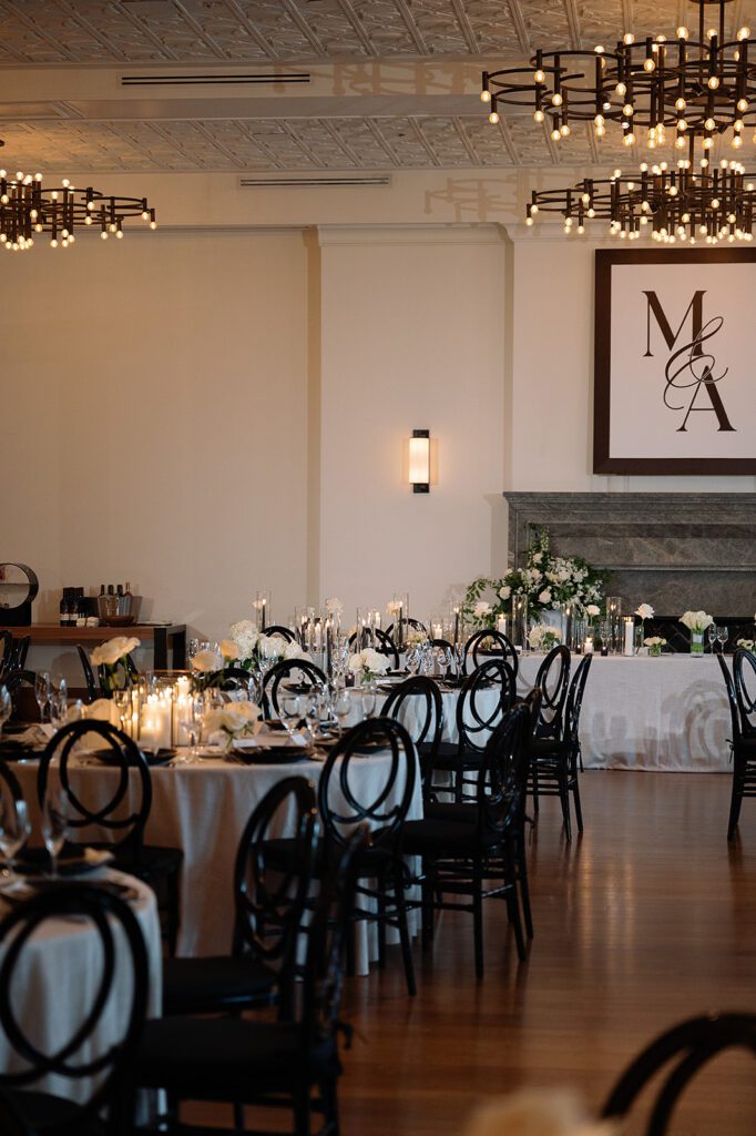 A classic indoor Shinola Hotel wedding reception in Bixby Hall