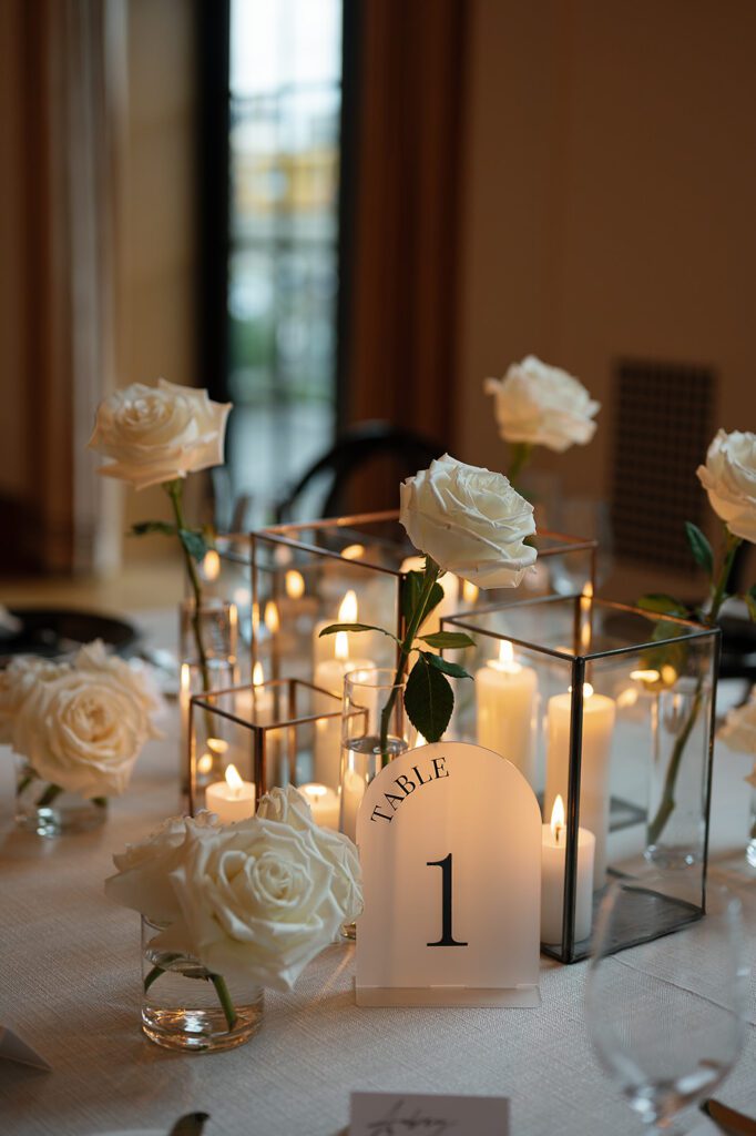Classic black and white wedding reception tablescapes and decor