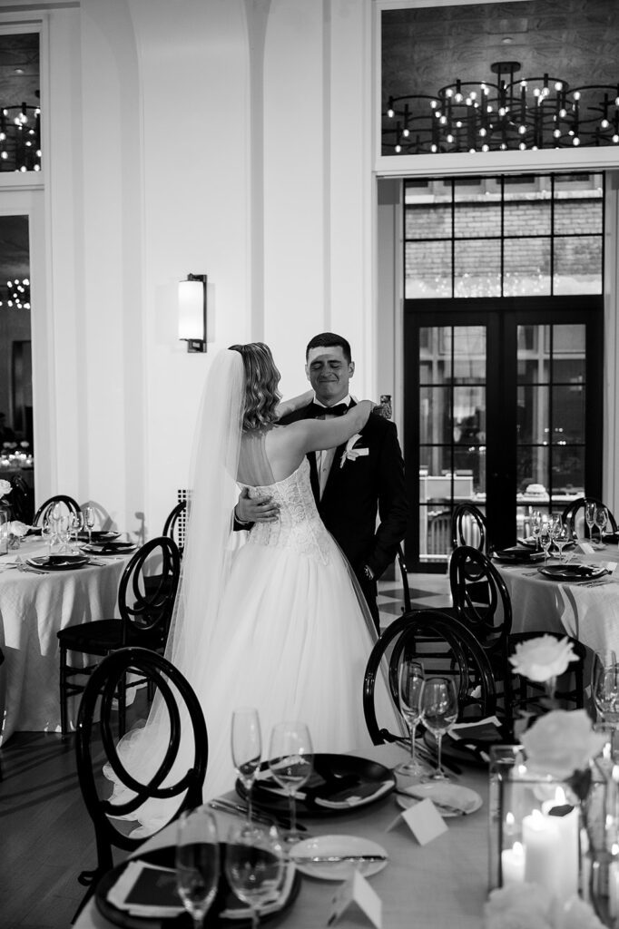 Bride and grooms Shinola Hotel wedding reception room reveal in Bixby Hall