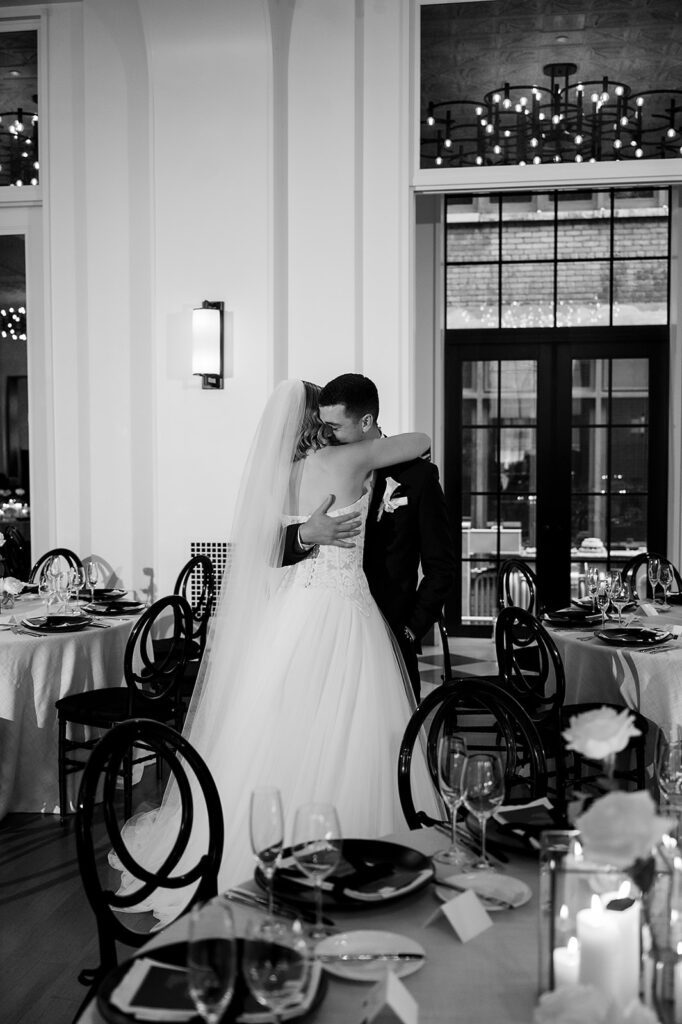 Bride and grooms Shinola Hotel wedding reception room reveal in Bixby Hall