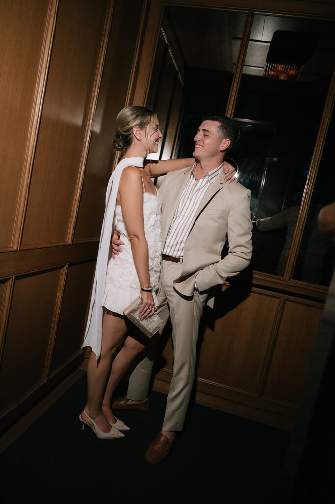 Flash bride and groom portraits from their welcome wedding party at Shinola Hotel in Detroit, Michigan