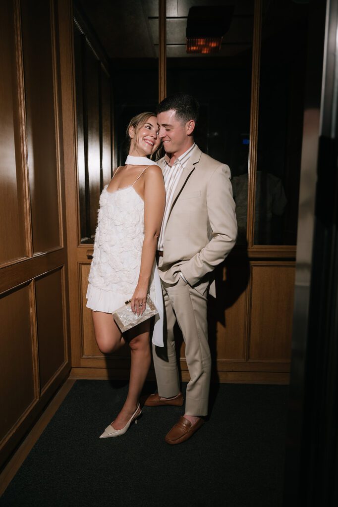 Flash bride and groom portraits from their welcome wedding party at Shinola Hotel in Detroit, Michigan