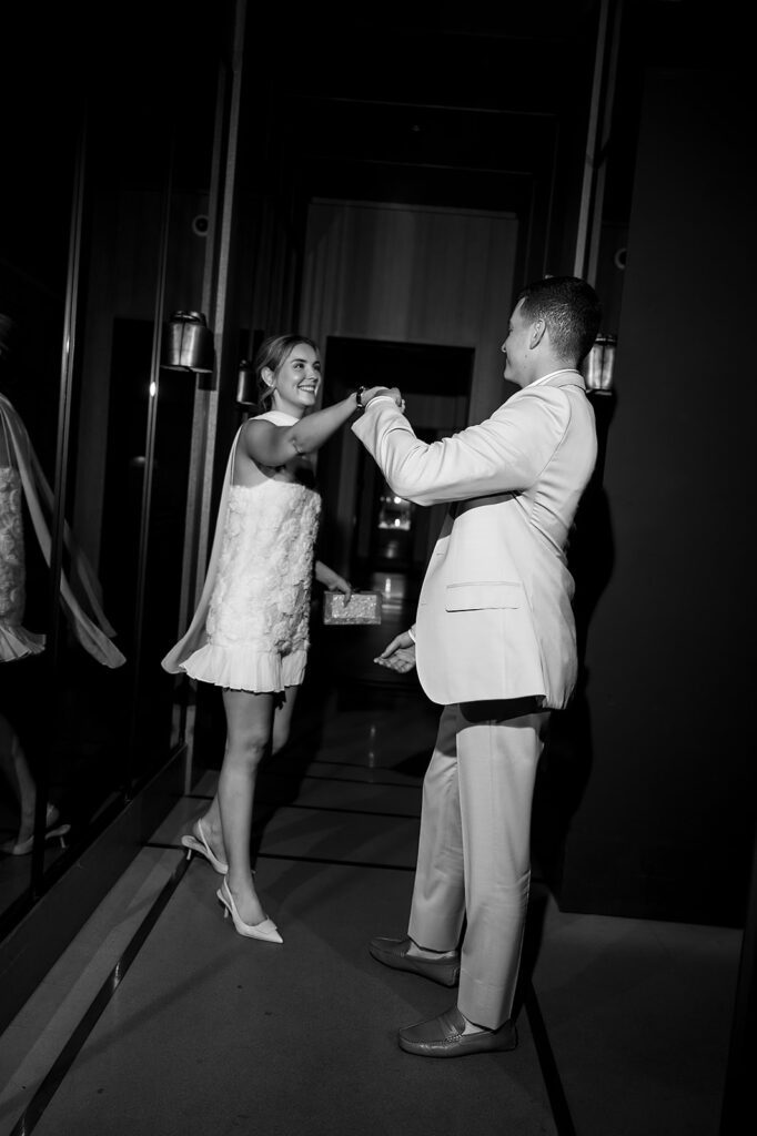 Flash bride and groom portraits from their welcome wedding party at Shinola Hotel in Detroit, Michigan