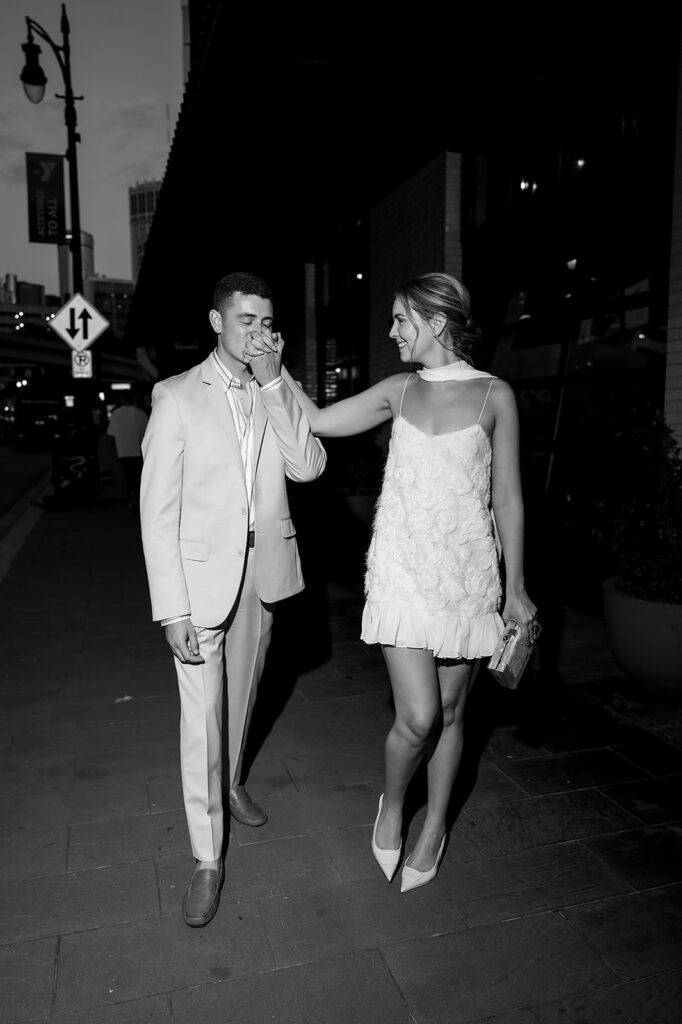 Downtown Deteoit flash bride and groom portraits from their welcome wedding party at Shinola Hotel