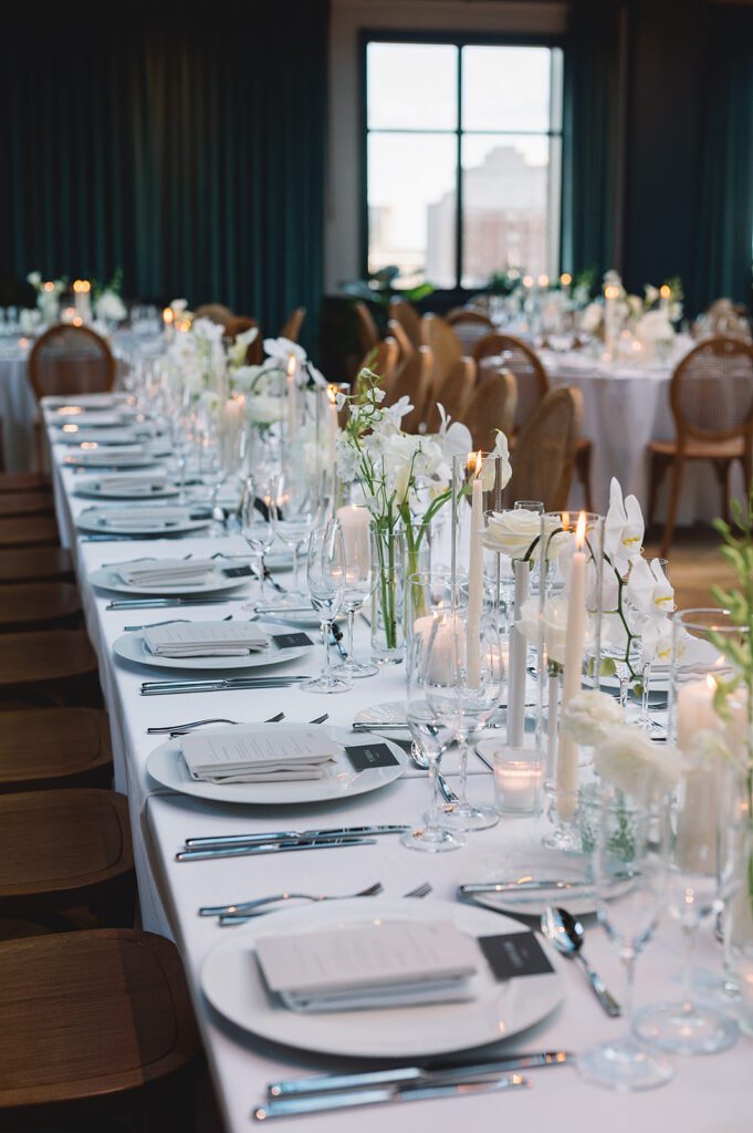 Elegant Book Tower wedding reception details and decor in The Conservatory 