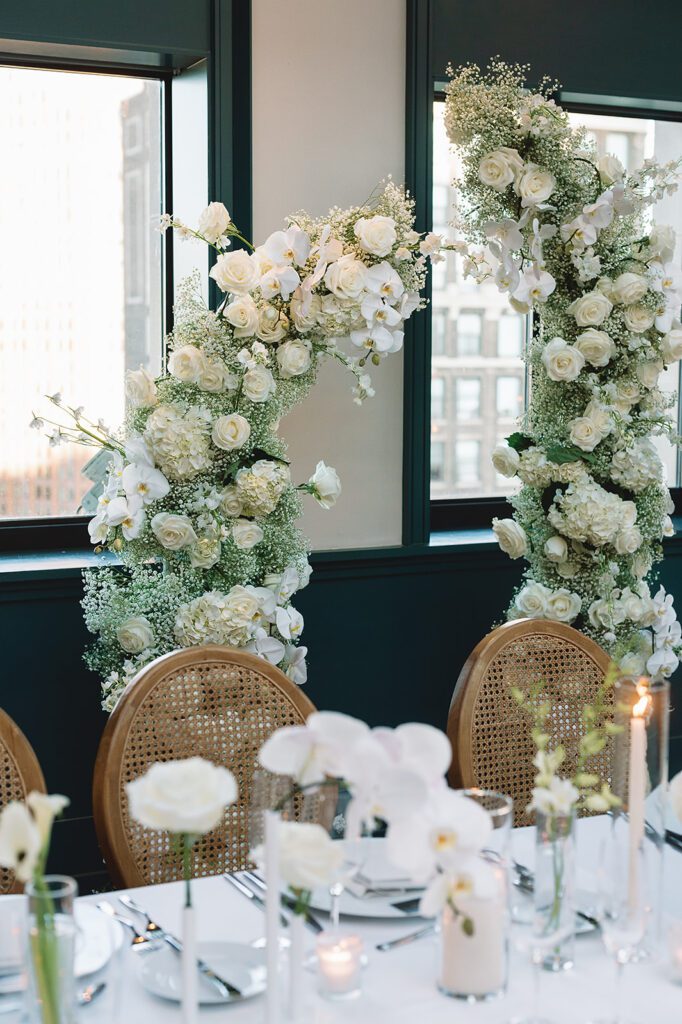 Elegant Book Tower wedding reception details and decor in The Conservatory 