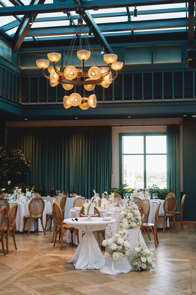 Elegant Book Tower wedding reception details and decor in The Conservatory 