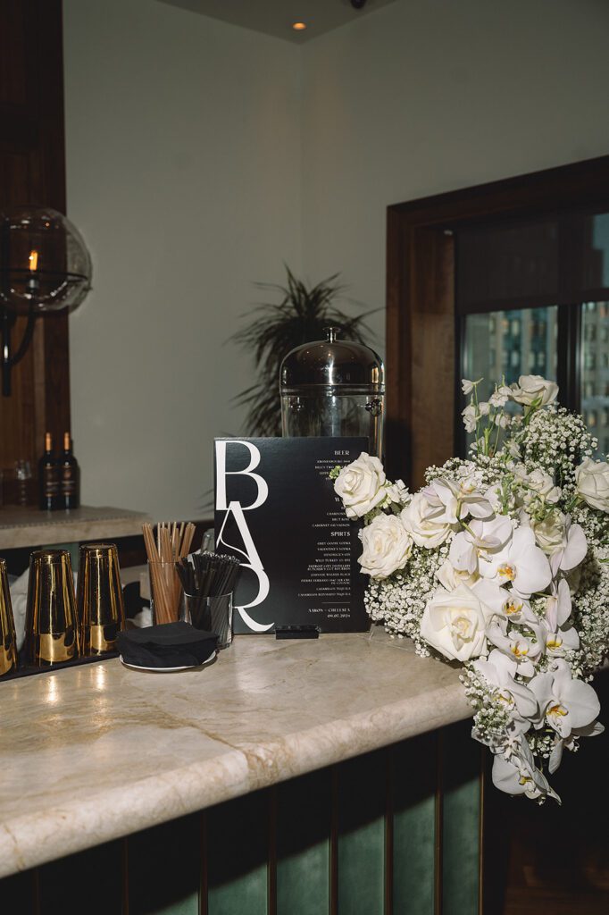 Elegant Book Tower wedding reception bar setup