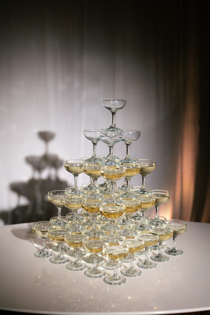 Elegant champagne tower from a Detroit Athletic Club wedding reception