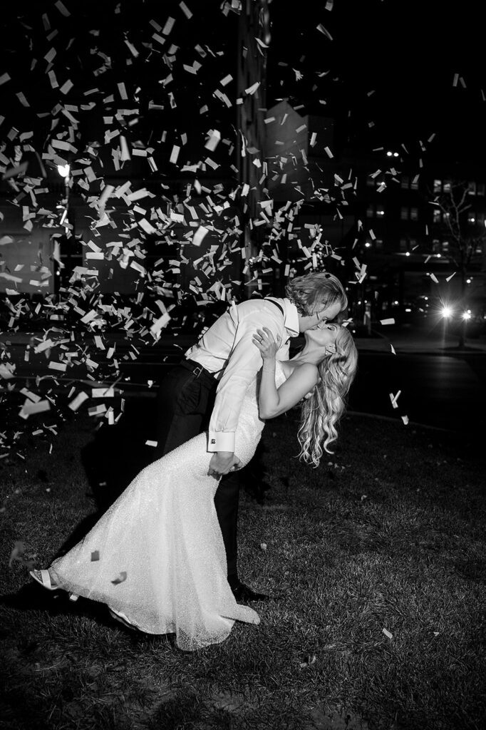 Bride and grooms confetti wedding exit photo