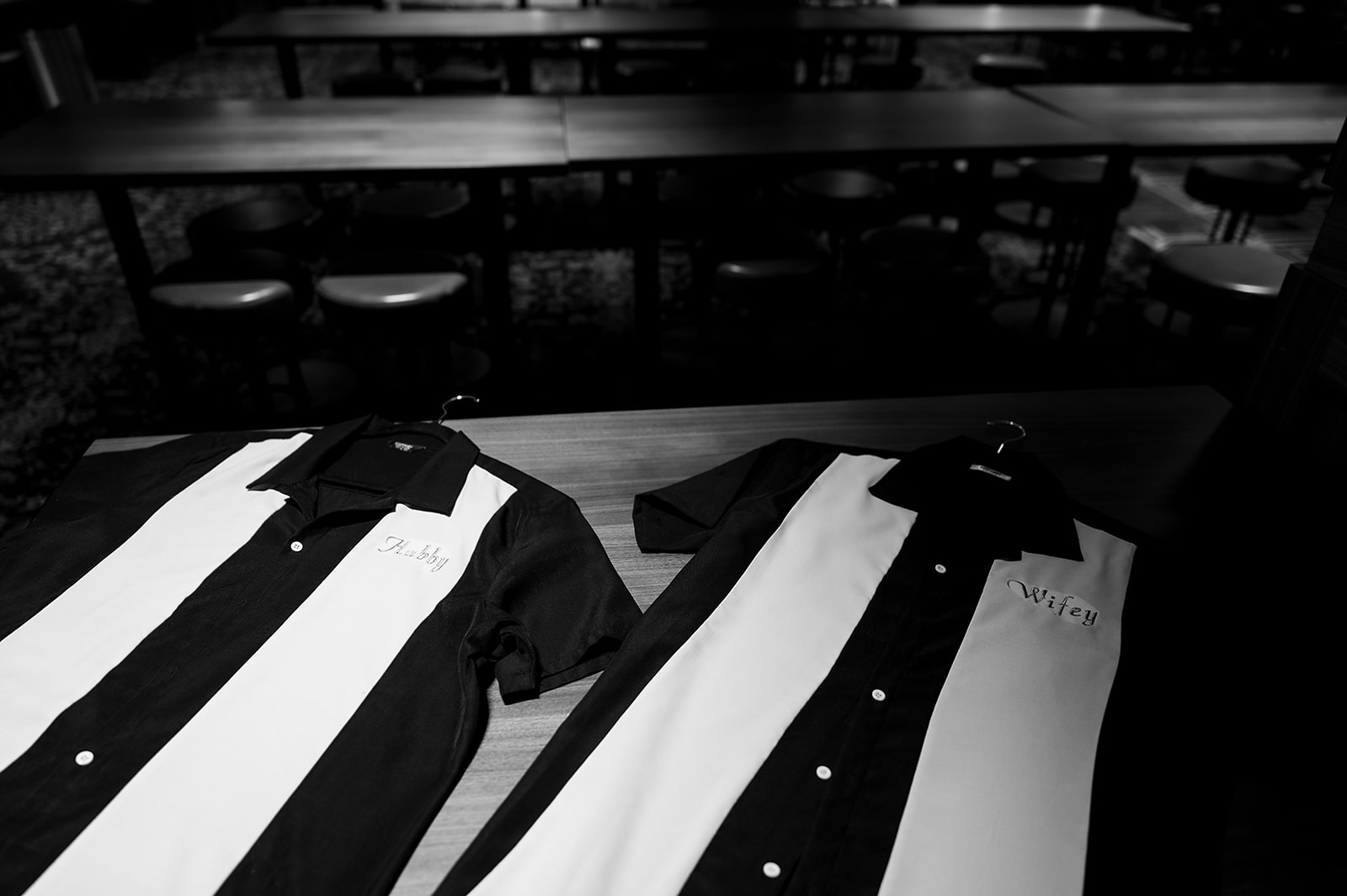 Bride and grooms custom hubby and wifey bowling shirts