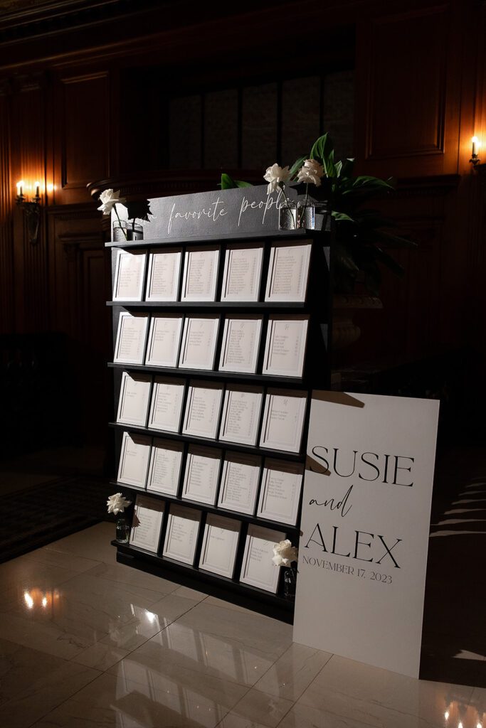 Elegant black and white escort display from a Detroit Athletic Club wedding reception