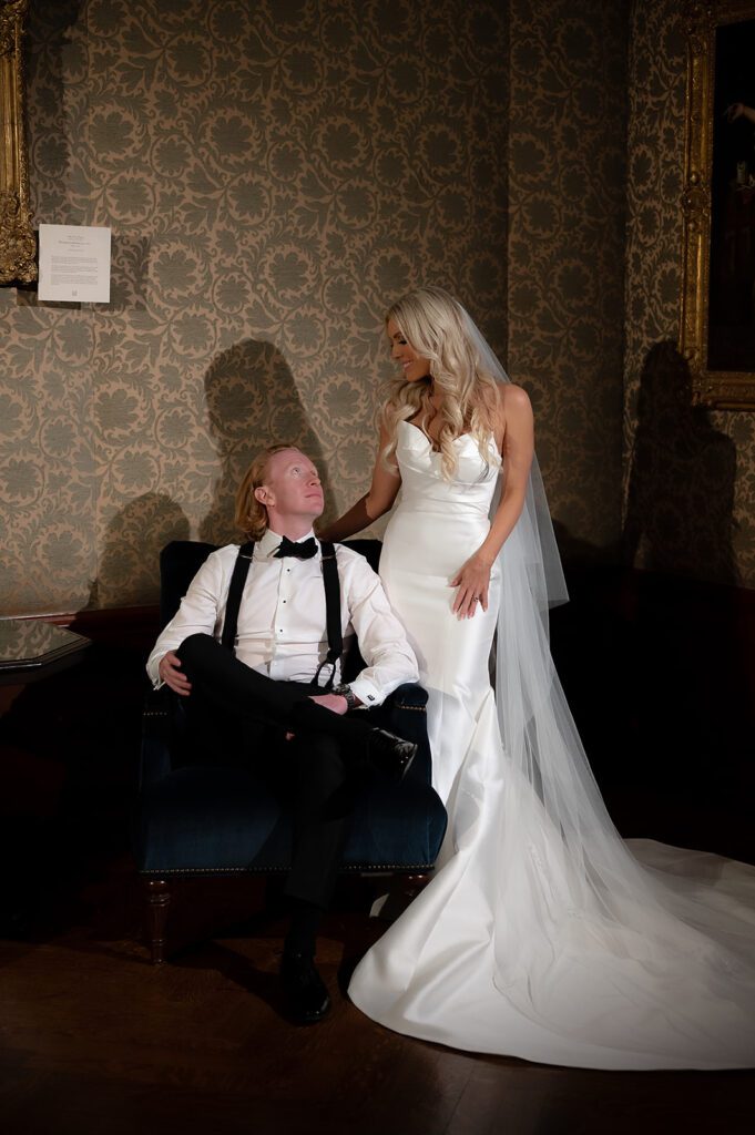 Bride and grooms indoor Detroit Athletic Club wedding photos