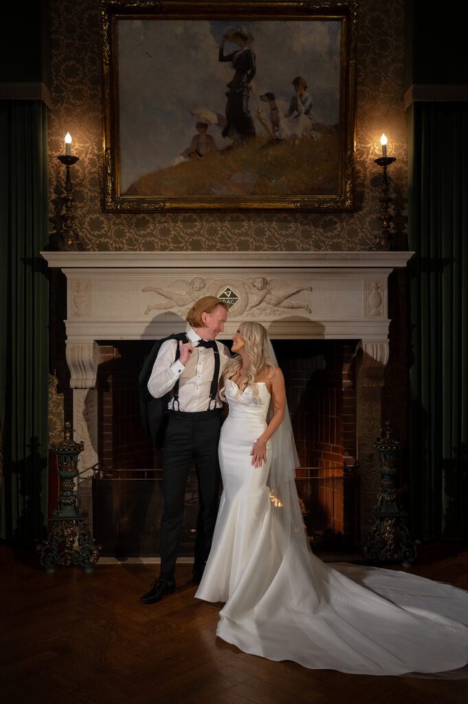 Bride and grooms indoor Detroit Athletic Club wedding photos