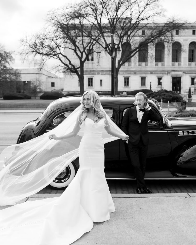 Editorial bride and grooms portraits with a 1940 Detroit Packard
