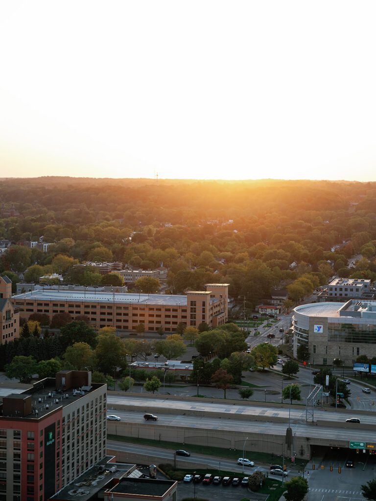 Golden hour views of Grand Rapids from Amway Grand Plaza