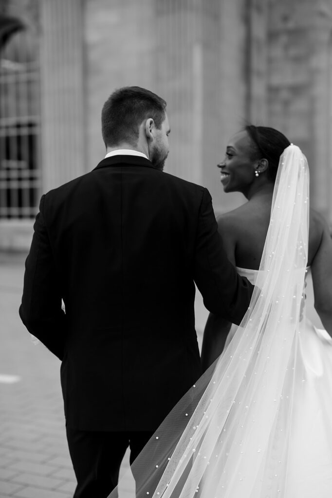 Bride and grooms Michigan Central Train Station wedding portraits