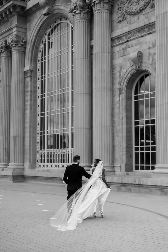 Bride and grooms Michigan Central Train Station wedding portraits