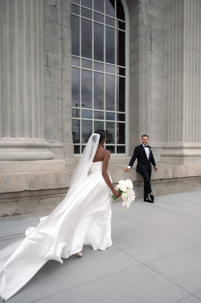 Bride and grooms Michigan Central Train Station wedding portraits