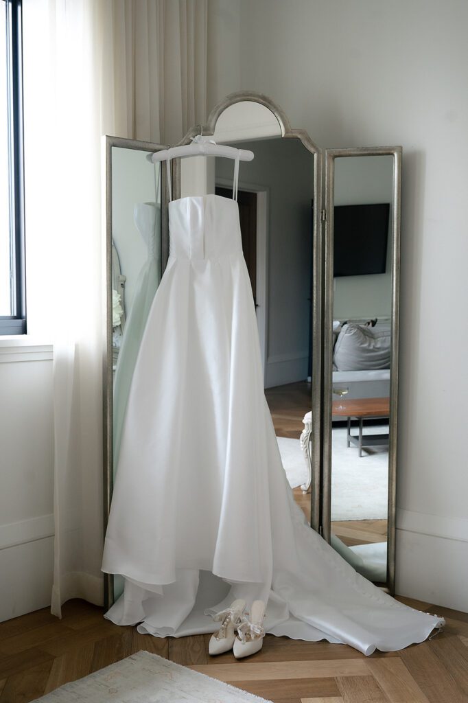 Brides elegant wedding dress detail shot