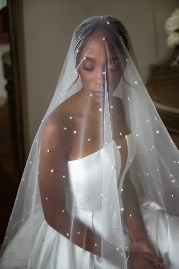 Indoor brides portraits in the Green Room at Book Tower wedding venue in Detroit, Michigan