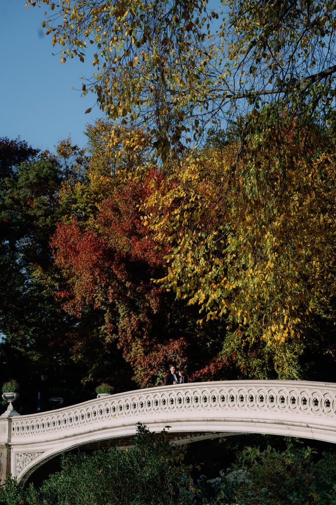 Couple standing on Bow Bridge for their Central Park NYC engagement photos