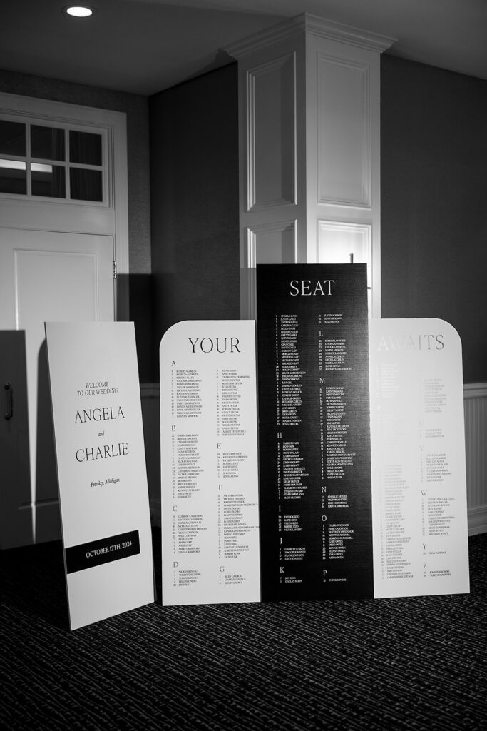 Black and white photo of reception seating at a Bay Harbor Yacht Club wedding reception in Northern Michigan