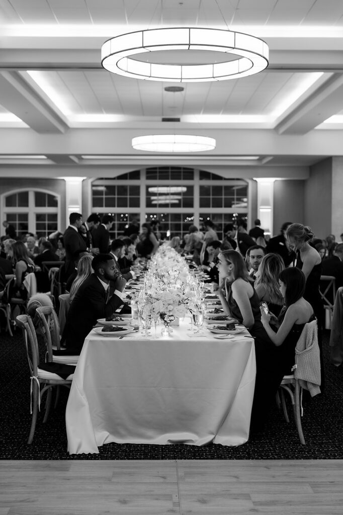 Black and white photo of a Bay Harbor Yacht Club wedding reception in Northern Michigan