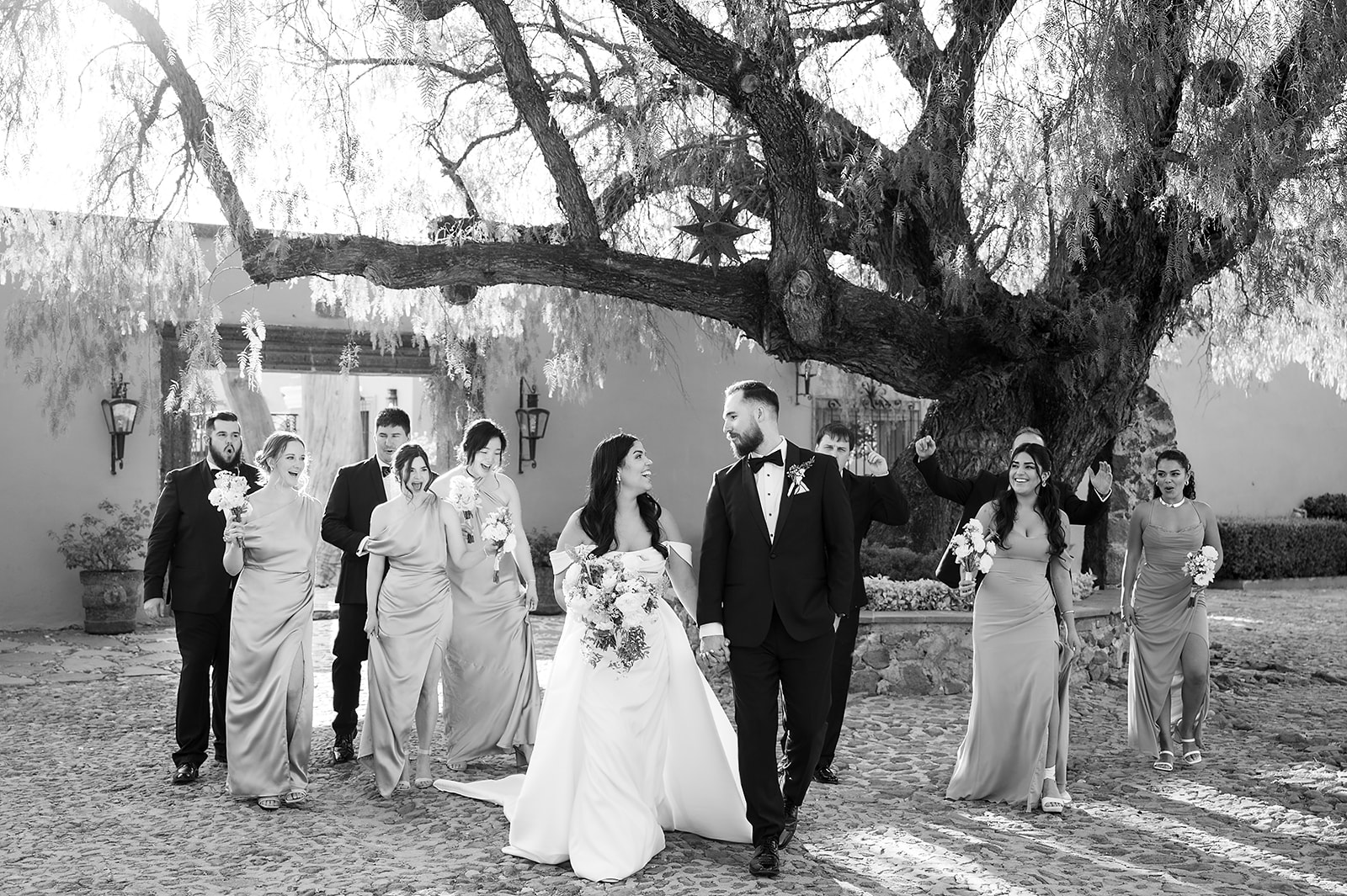 Wedding party walking together under large tree at Hacienda San Luis Gonzaga courtyard