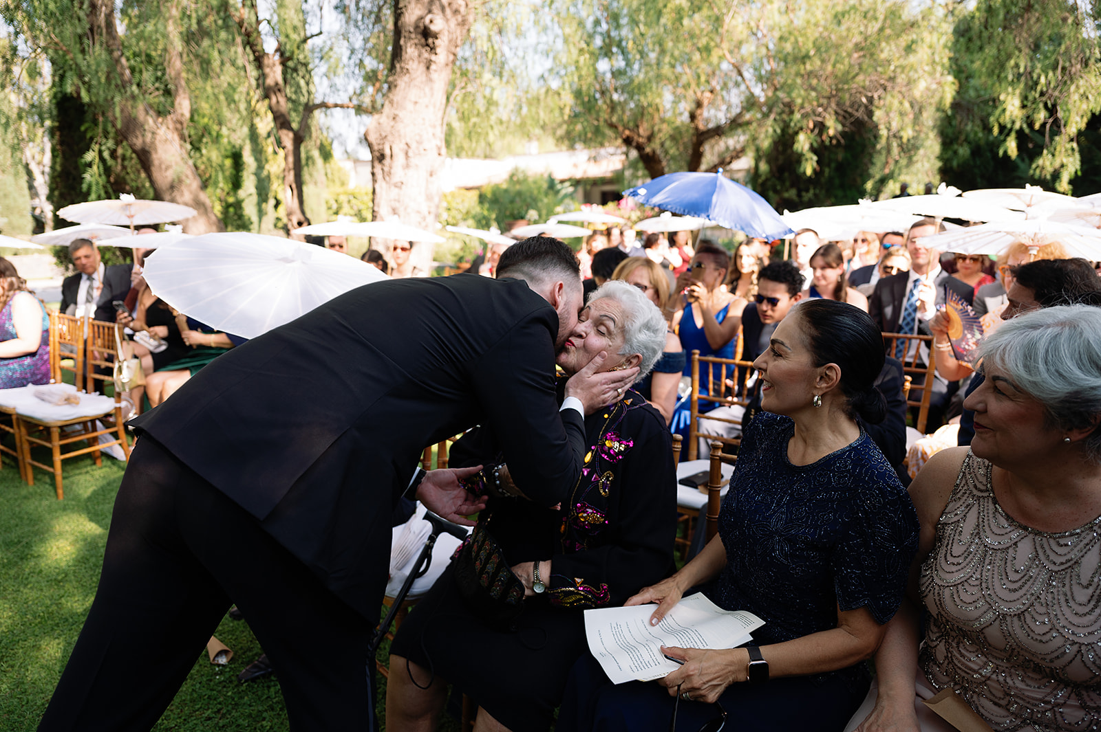 Groom greeting the brides grandmother before the ceremony at Hacienda San Luis Gonzaga