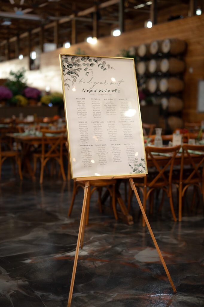 Elegant seating chart for Angela and Charlie’s Northern Michigan wedding displayed on a wooden easel surrounded by warm, rustic décor.