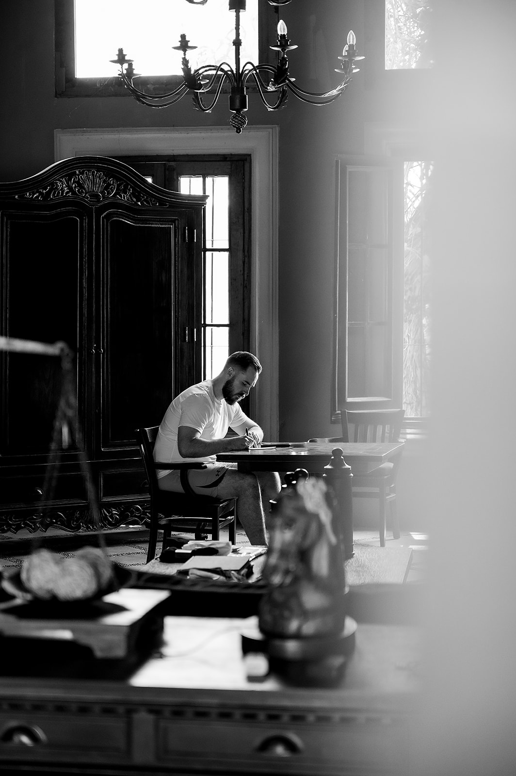 Groom writing vows inside Hacienda San Luis Gonzaga before San Miguel de Allende wedding