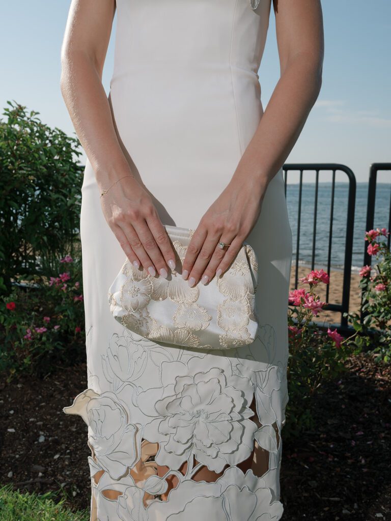 Close up shot of the bride-to-bes wedding welcome party outfit.