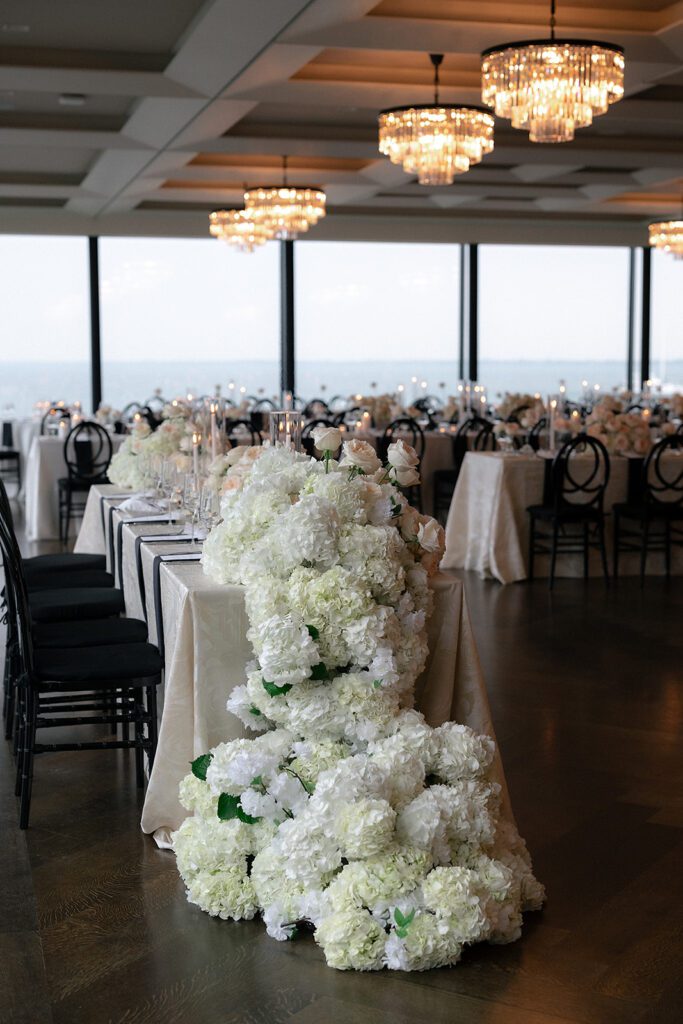 Elegant indoor wedding reception setup at The War Memorial in Grosse Pointe Farms, Michigan.