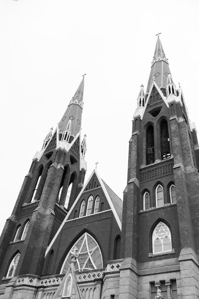 Black and white exterior image of Sweetest Heart of Mary Church in Detroit.