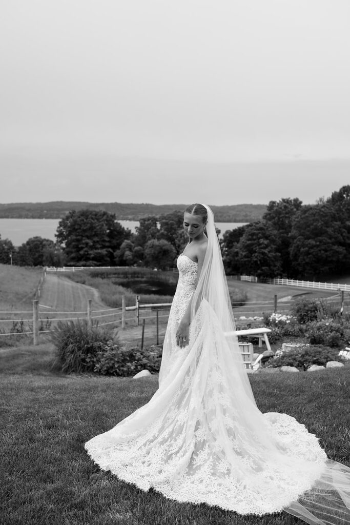 Black and white bridal portraits in Traverse City, Michigan at Noverr Farms.