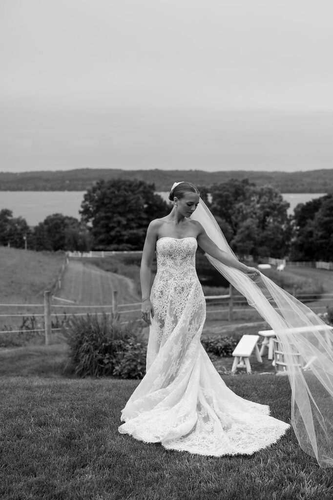 Black and white bridal portraits in Traverse City, Michigan at Noverr Farms.